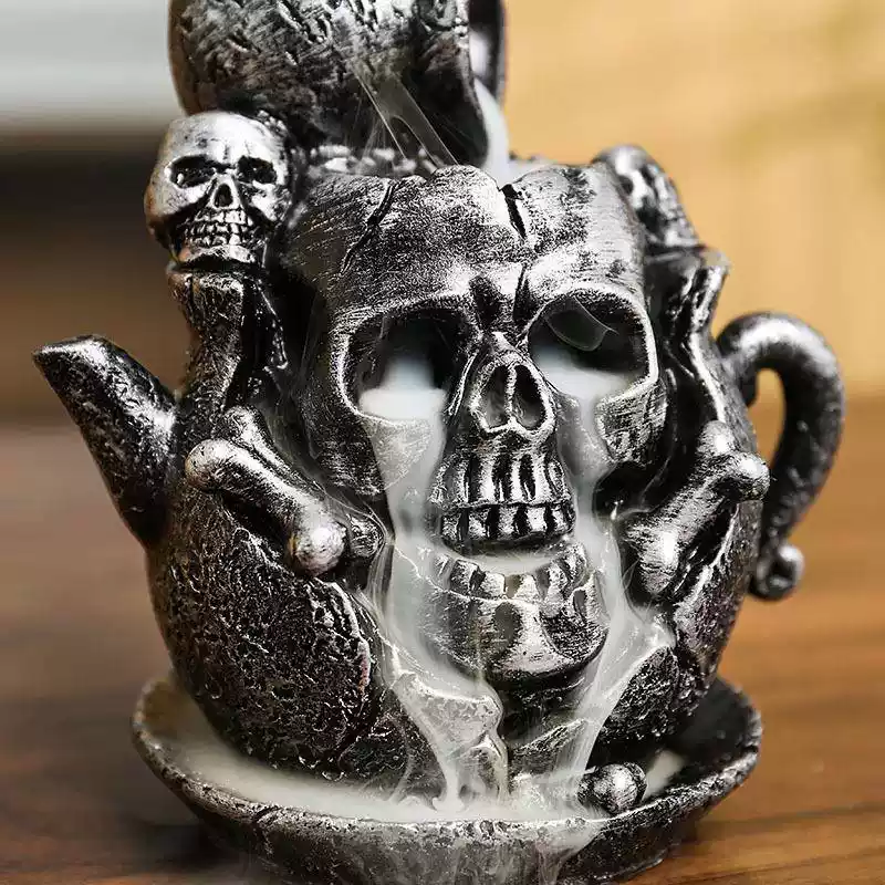 Gothic Skull Teapot Waterfall Incense Burner | Dark Zen Decor